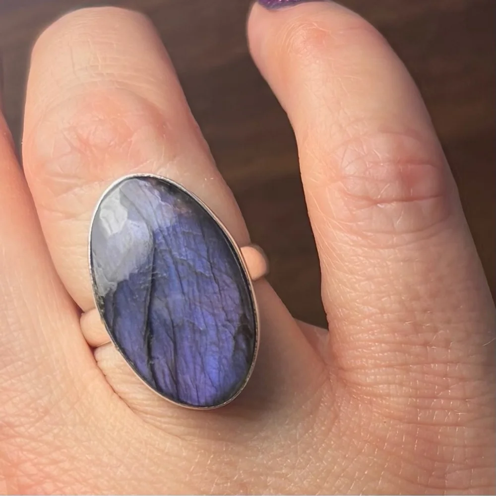 Purple Labradorite Ring Size 7 1/4 7.25 Pure Sterling Silver 925 Boho New